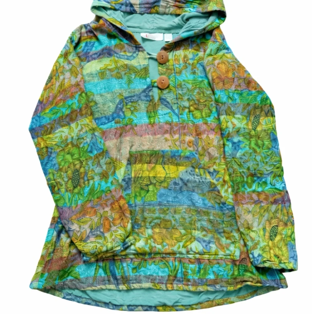 Rare 90s Cotton Exotic Safari Bohemian Hoodie Medium Yellow Teal Sunflower